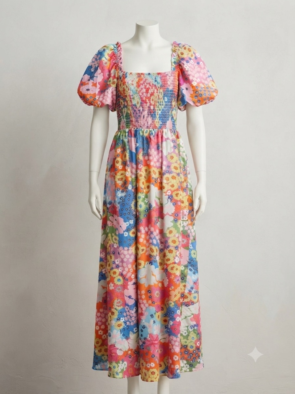 SHEIN Multicolor Floral Maxi Dress with Puff Sleeves